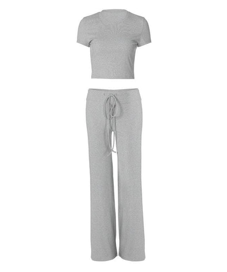 Effortless Fall Style: Cozy Heather Grey 2-Piece Cropped Tee & Wide-Leg Drawstring Pant Set
