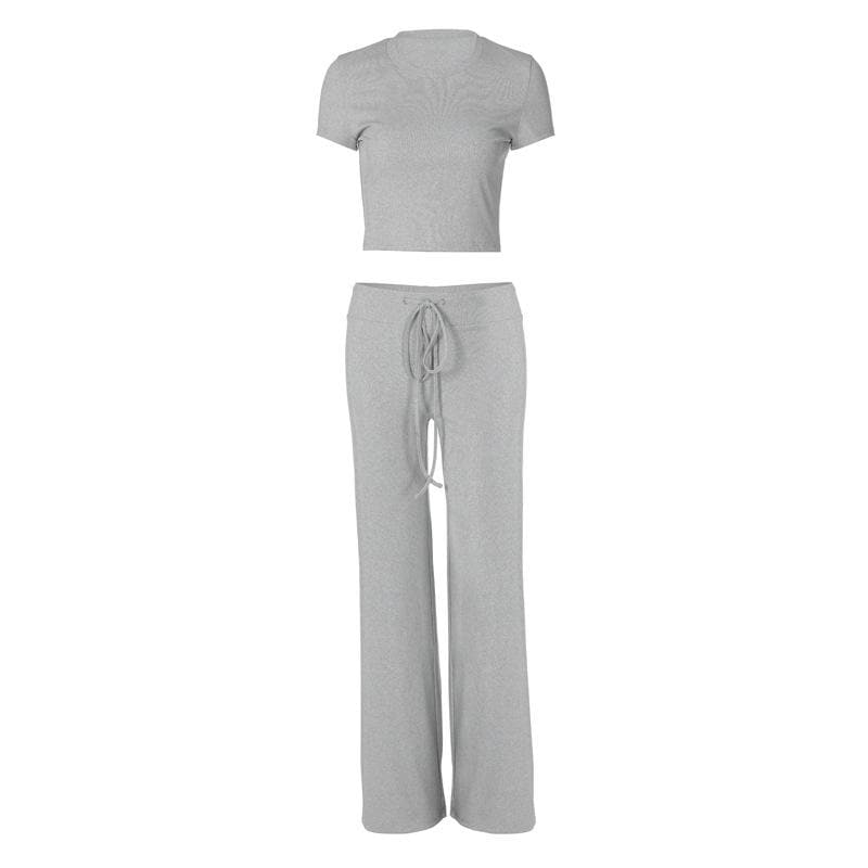 Effortless Fall Style: Cozy Heather Grey 2-Piece Cropped Tee & Wide-Leg Drawstring Pant Set
