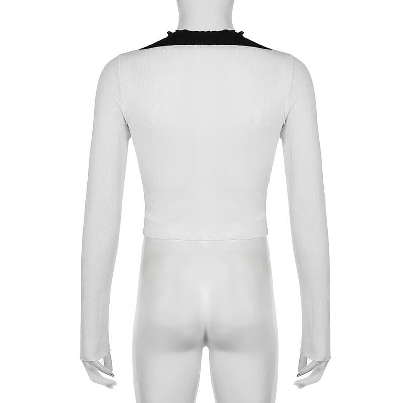 Fall Chic: Sweetheart Ruffle Tie-Front Ribbed Knit Long Sleeve Top