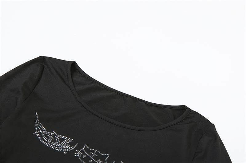 Sparkle & Slay: Rhinestone Long Sleeve Tie-Front Crop Top - Fall Party & Date Night Ready