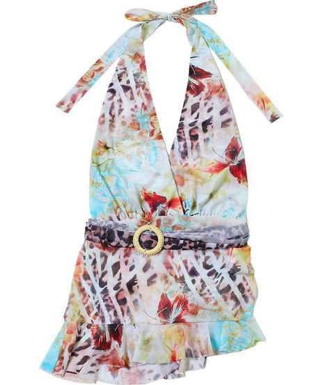 Daring Fall Floral & Leopard Halter Mini Dress - Deep V Mesh Party Style