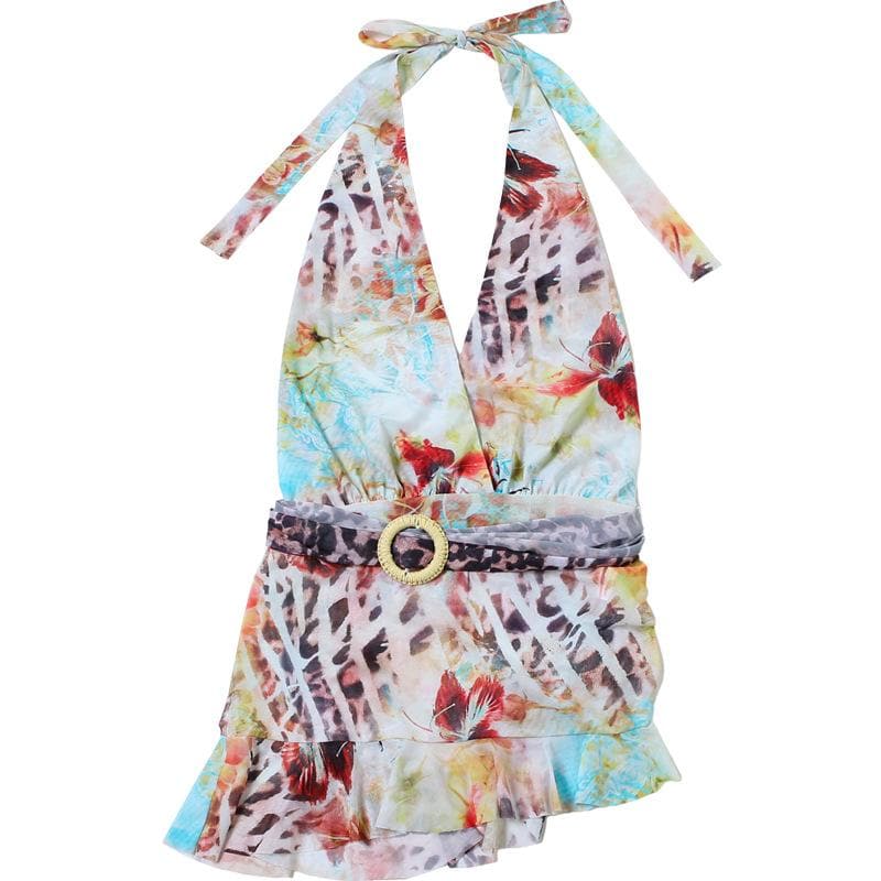 Daring Fall Floral & Leopard Halter Mini Dress - Deep V Mesh Party Style