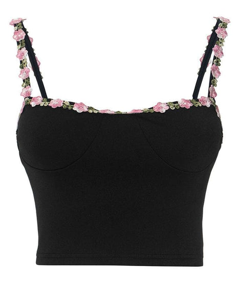 Chic Black Floral Embroidered Cami Crop Top - Romantic Fall Style for Women