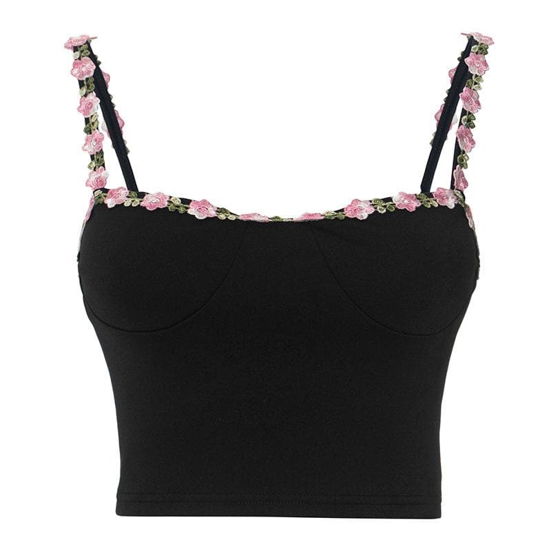 Chic Black Floral Embroidered Cami Crop Top - Romantic Fall Style for Women