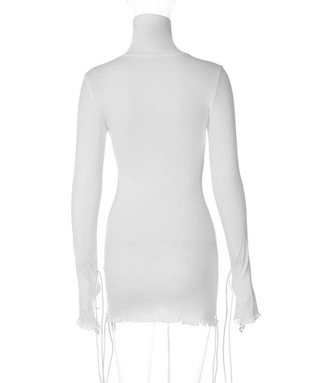Sleek White Mock Neck Bodycon Mini Dress | Adjustable Drawstring Details for Fall Nights