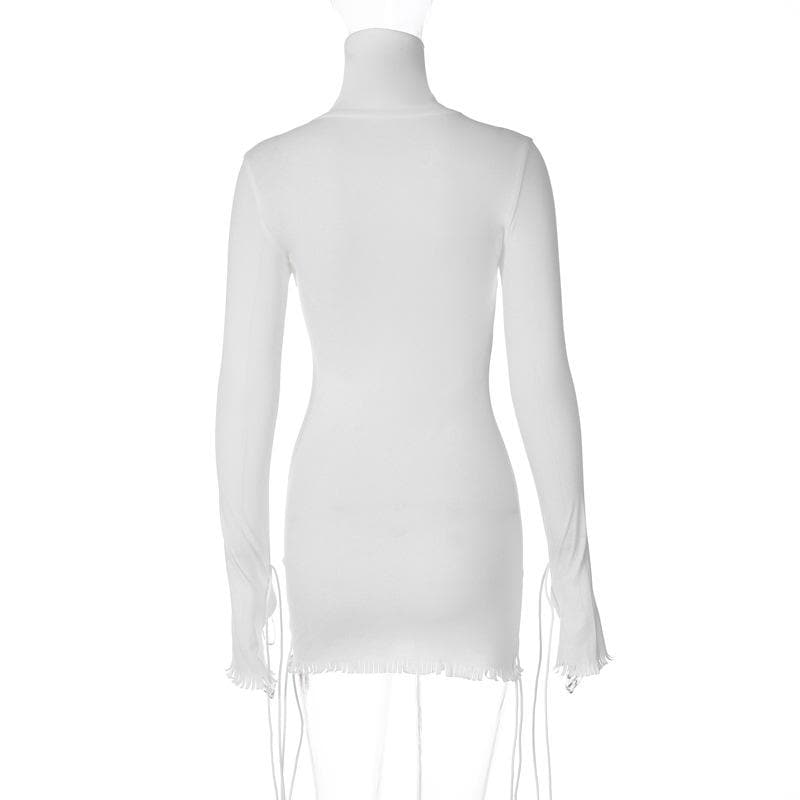 Sleek White Mock Neck Bodycon Mini Dress | Adjustable Drawstring Details for Fall Nights