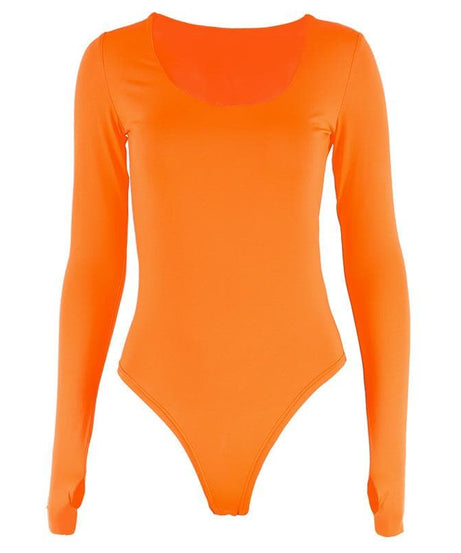 Vibrant Orange Long Sleeve U-Neck Bodysuit with Thumbholes – Seamless Fall & Halloween Essential