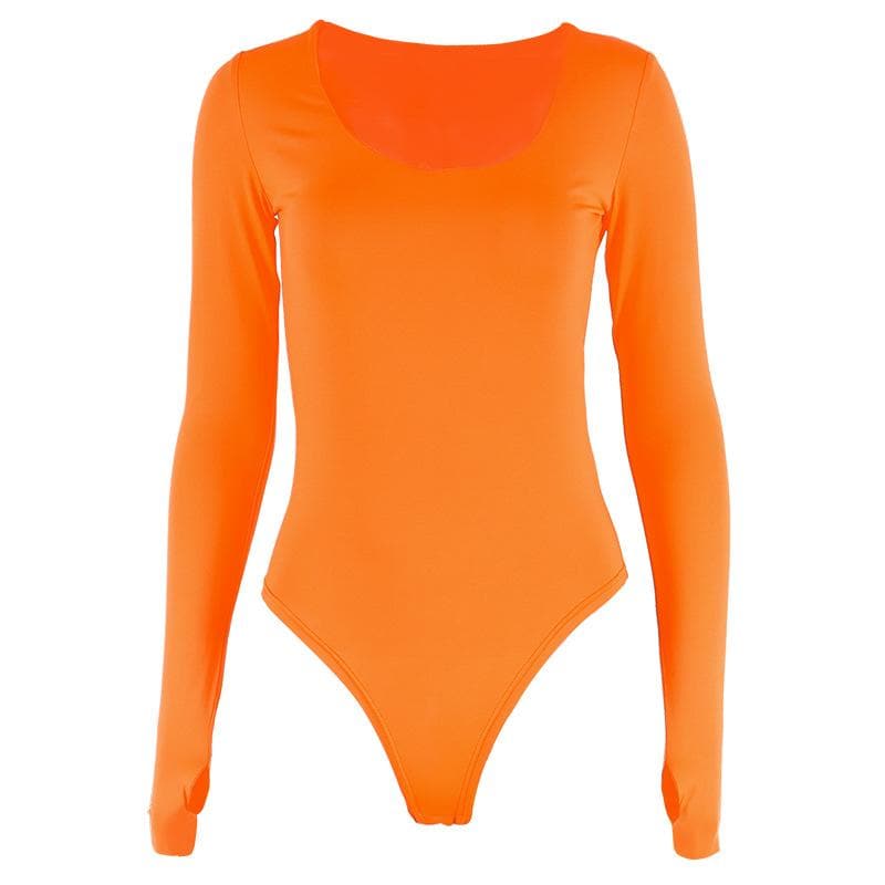 Vibrant Orange Long Sleeve U-Neck Bodysuit with Thumbholes – Seamless Fall & Halloween Essential