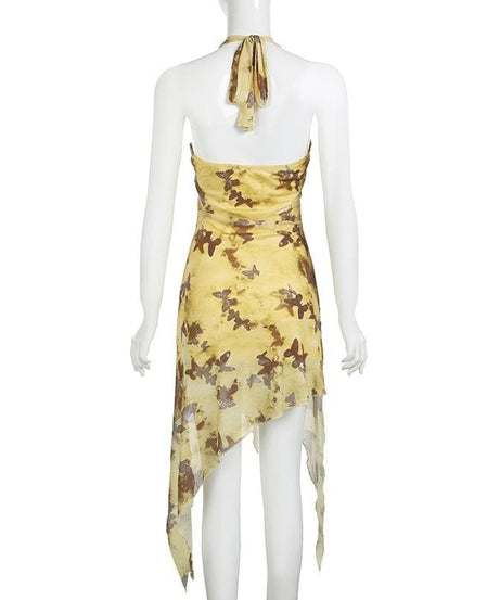 Whimsical Butterfly Halter Midi Dress | Boho Fairycore Asymmetrical Ruffle for Fall Getaways