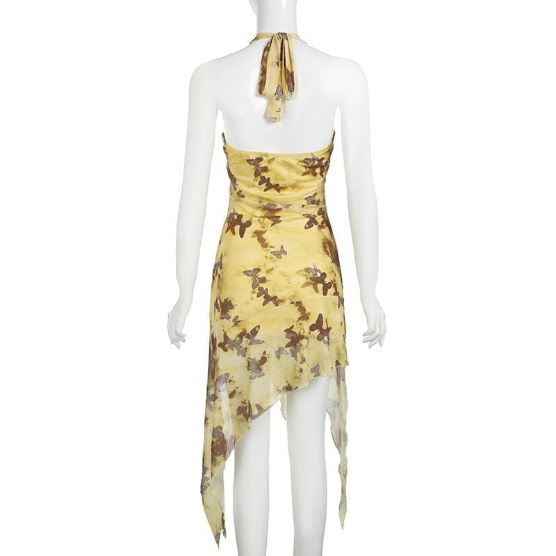 Whimsical Butterfly Halter Midi Dress | Boho Fairycore Asymmetrical Ruffle for Fall Getaways