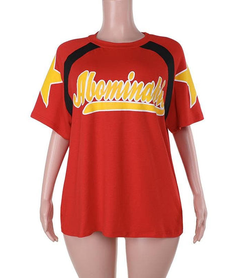Retro Sporty Red Graphic Tee for Women | Oversized Fall Comfort with Yellow Stars