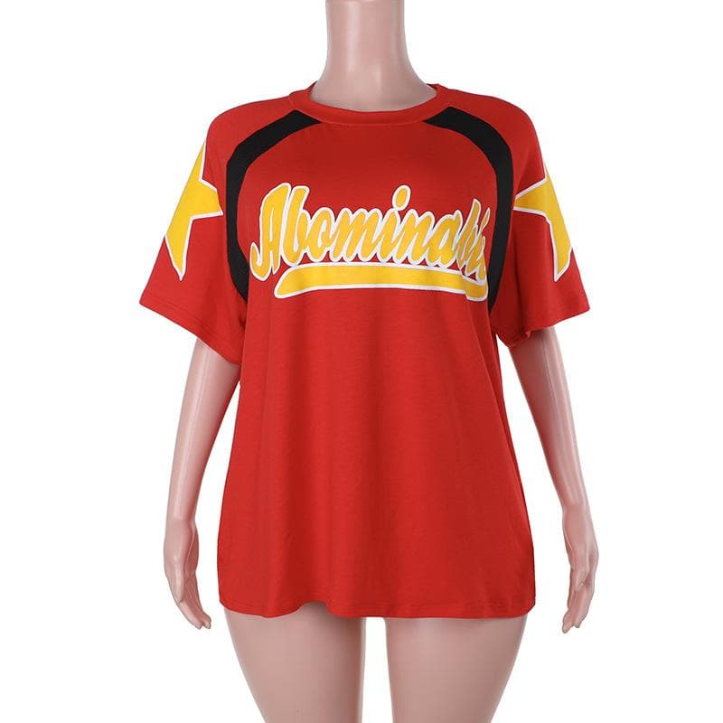 Retro Sporty Red Graphic Tee for Women | Oversized Fall Comfort with Yellow Stars