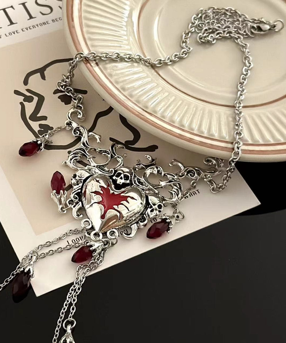 Dark Romance Blood Red Heart & Skull Tassel Necklace - Gothic Halloween & Fall Statement