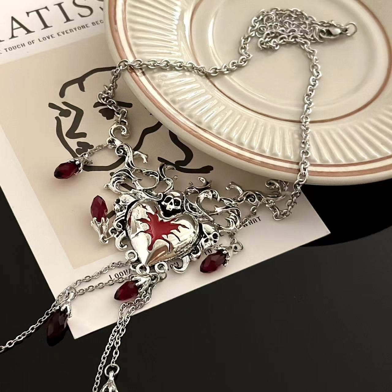 Dark Romance Blood Red Heart & Skull Tassel Necklace - Gothic Halloween & Fall Statement