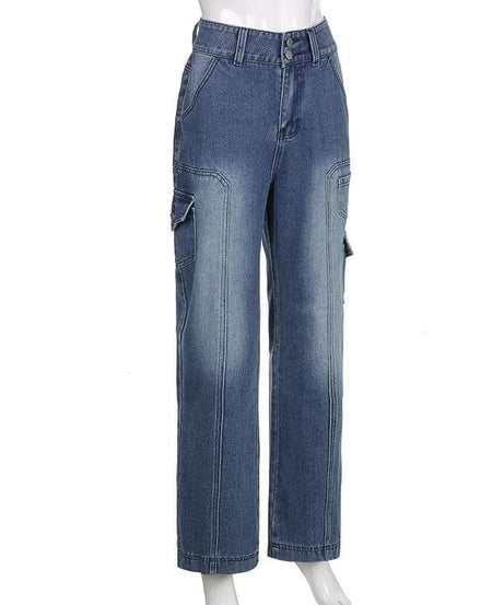 Fall Trend: Women's High-Rise Baggy Cargo Jeans - Y2K Faded Denim