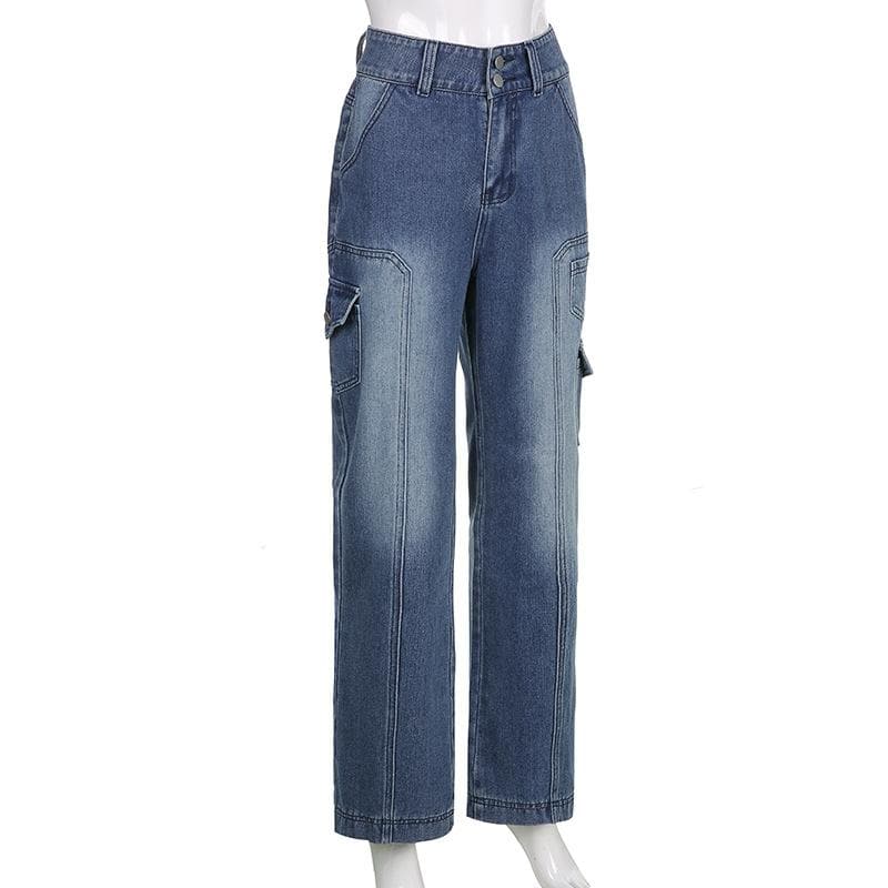 Fall Trend: Women's High-Rise Baggy Cargo Jeans - Y2K Faded Denim