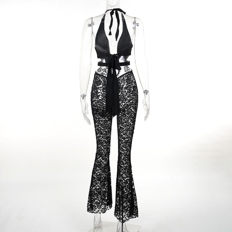 Sultry Black Lace Halter Jumpsuit with Deep V & Flared Legs | Perfect for Halloween & Fall Parties