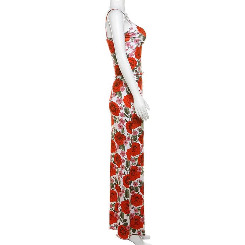 Romantic Red Rose Floral Cami & Maxi Skirt Set - Fall Chic Two-Piece Outfit for Women