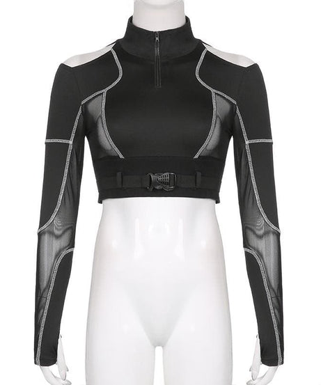 Edgy Chic Fall Mesh Crop Top - Quarter-Zip, Cold Shoulder & Tactical Buckle Detail