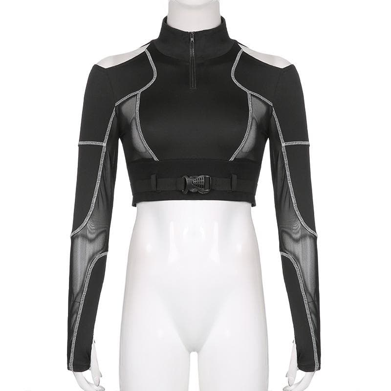 Edgy Chic Fall Mesh Crop Top - Quarter-Zip, Cold Shoulder & Tactical Buckle Detail