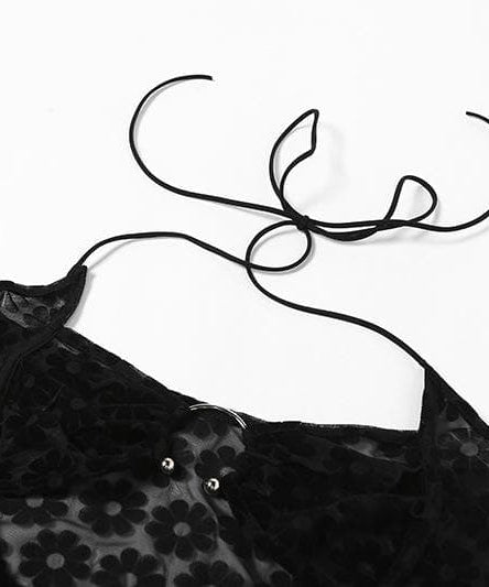 Black Floral Sheer Halter Maxi Dress with O-Ring Cutouts - Y2K Style for Fall Parties & Nights Out