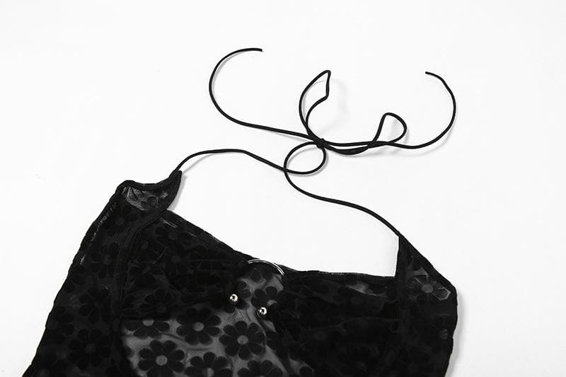 Black Floral Sheer Halter Maxi Dress with O-Ring Cutouts - Y2K Style for Fall Parties & Nights Out