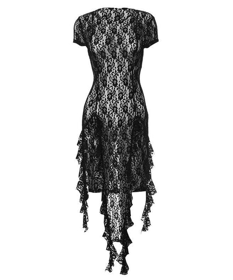 Obsidian Allure: Black Lace Ruffle High-Slit Mini Dress - Fall & Holiday Party Ready