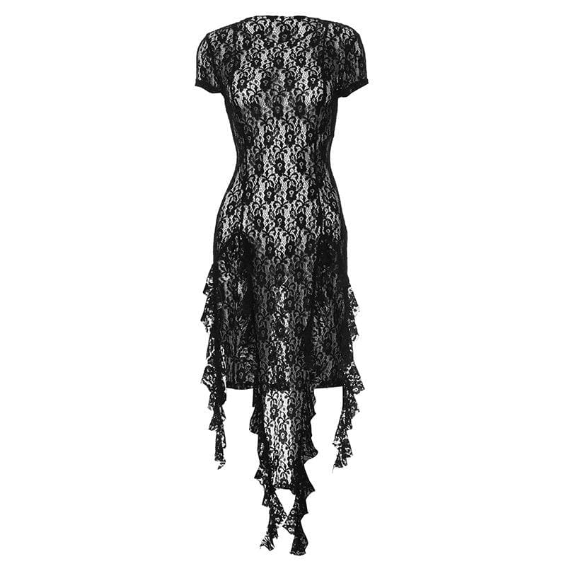 Obsidian Allure: Black Lace Ruffle High-Slit Mini Dress - Fall & Holiday Party Ready