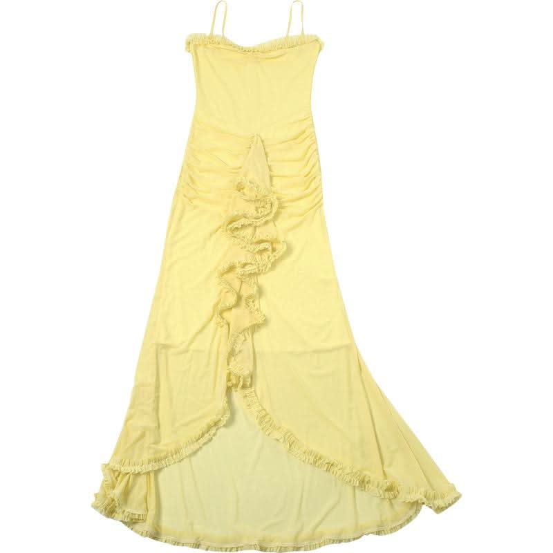 Sun-Kissed Radiance: Yellow Ruffle Mesh Backless Maxi Dress - Your Vacation & Event Essential