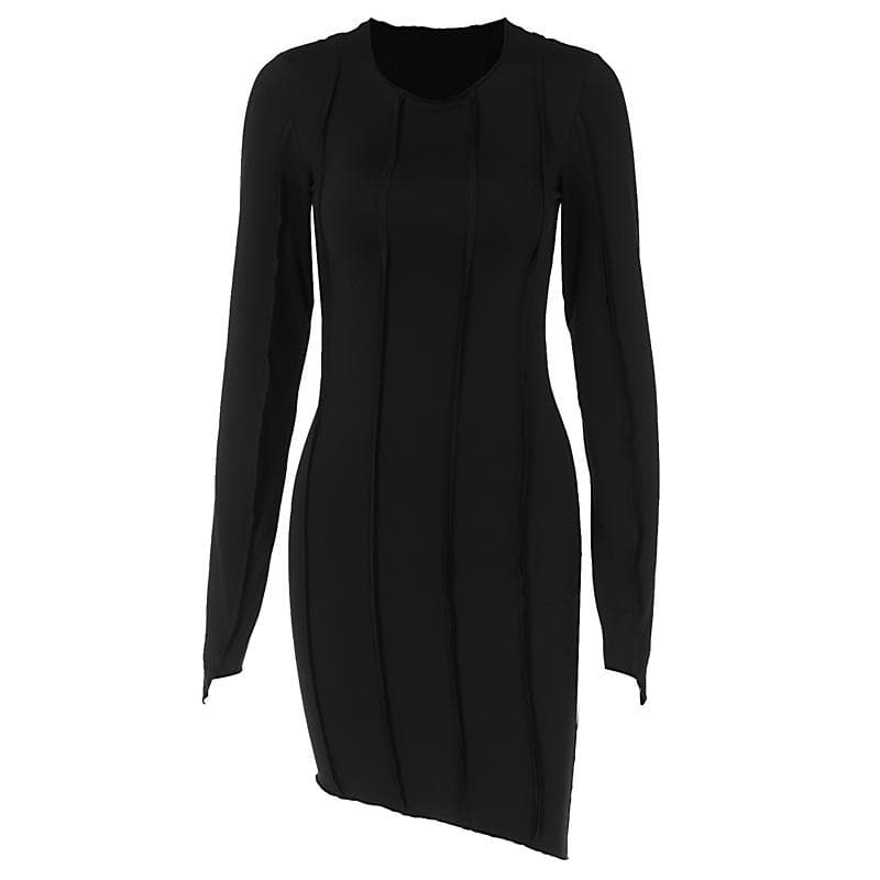 Fall Nights Edge: Chic Black Asymmetrical Mini Dress with Long Sleeves