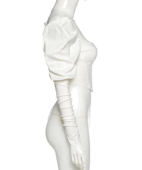 Autumn Elegance: White Sweetheart Corset Top | Statement Puff & Ruched Sleeves