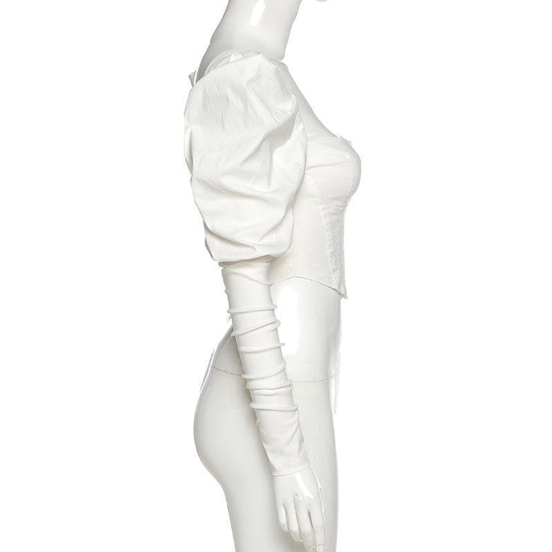 Autumn Elegance: White Sweetheart Corset Top | Statement Puff & Ruched Sleeves
