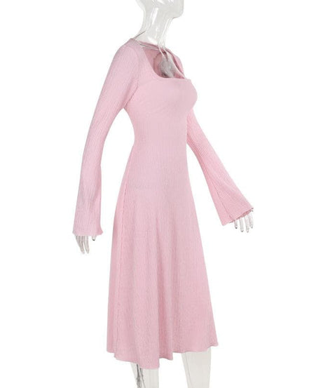 Cozy-Chic Blush Pink Ribbed Knit Midi Dress - Square Neck Long Sleeve for Fall
