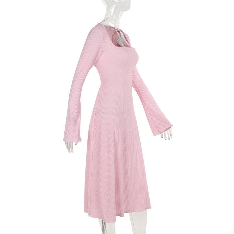 Cozy-Chic Blush Pink Ribbed Knit Midi Dress - Square Neck Long Sleeve for Fall