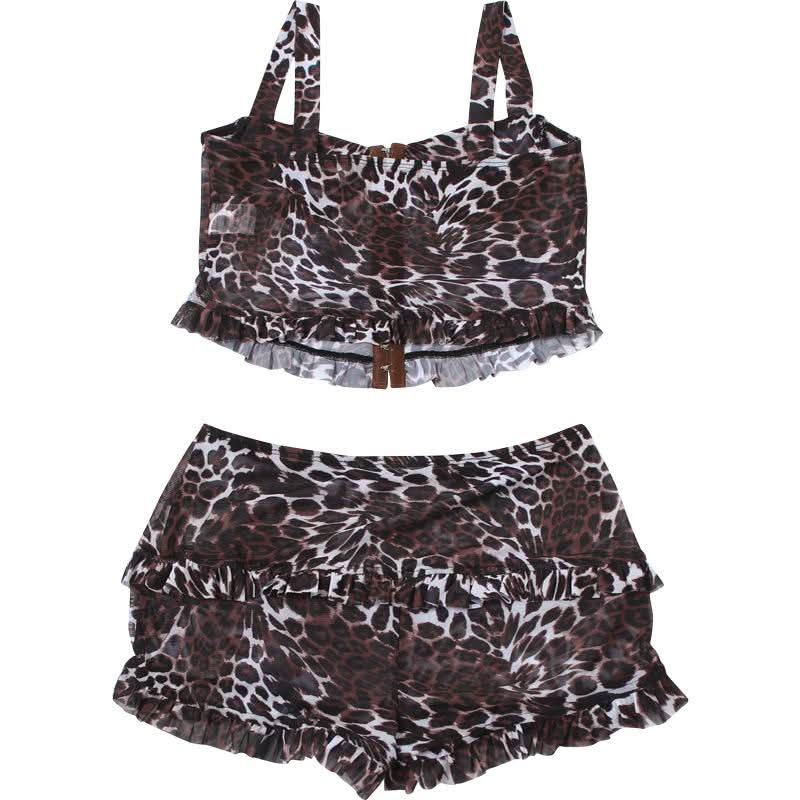 Wild Instincts Leopard Mesh Cami & Ruffle Shorts Set - Fierce Fall Loungewear
