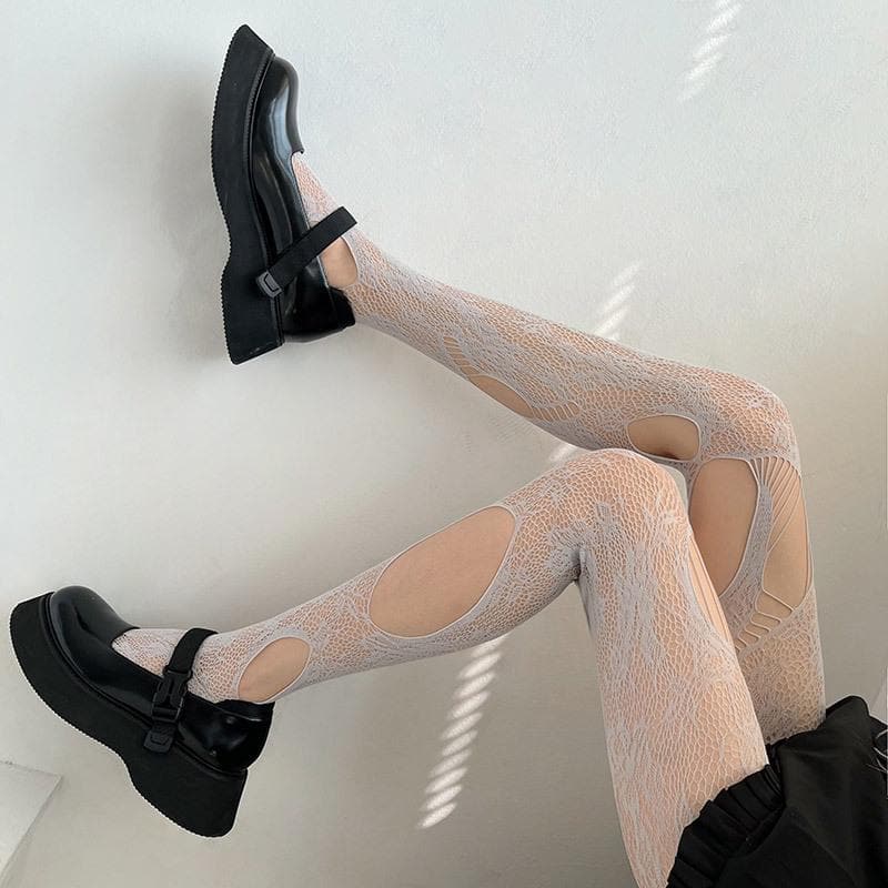 Enchanting White Floral Lace Cutout Tights - Spooky Chic Fall Statement Hosiery