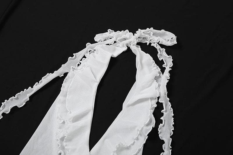 Y2K Inspired Sheer Ruffle Halter Crop Top - Flirty V-Neck Mesh Top for Fall Nights & Vacations