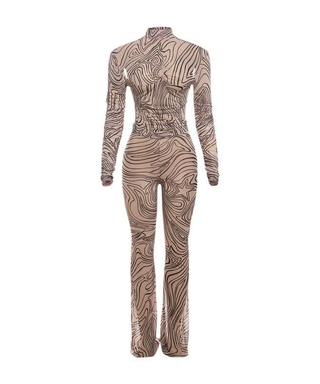 Fall Vibes Swirl Print Bodycon Set - High Neck Long Sleeve & Flared Pants