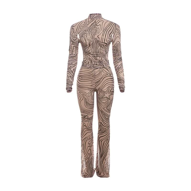 Fall Vibes Swirl Print Bodycon Set - High Neck Long Sleeve & Flared Pants