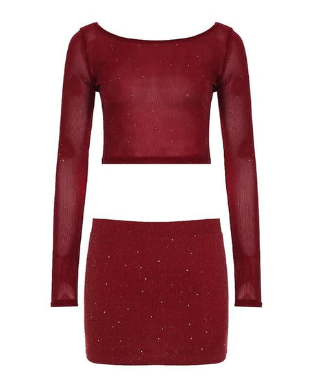 Dazzling Burgundy Sparkle Crop Top & Mini Skirt Set - Your Fall & Holiday Glam Go-To