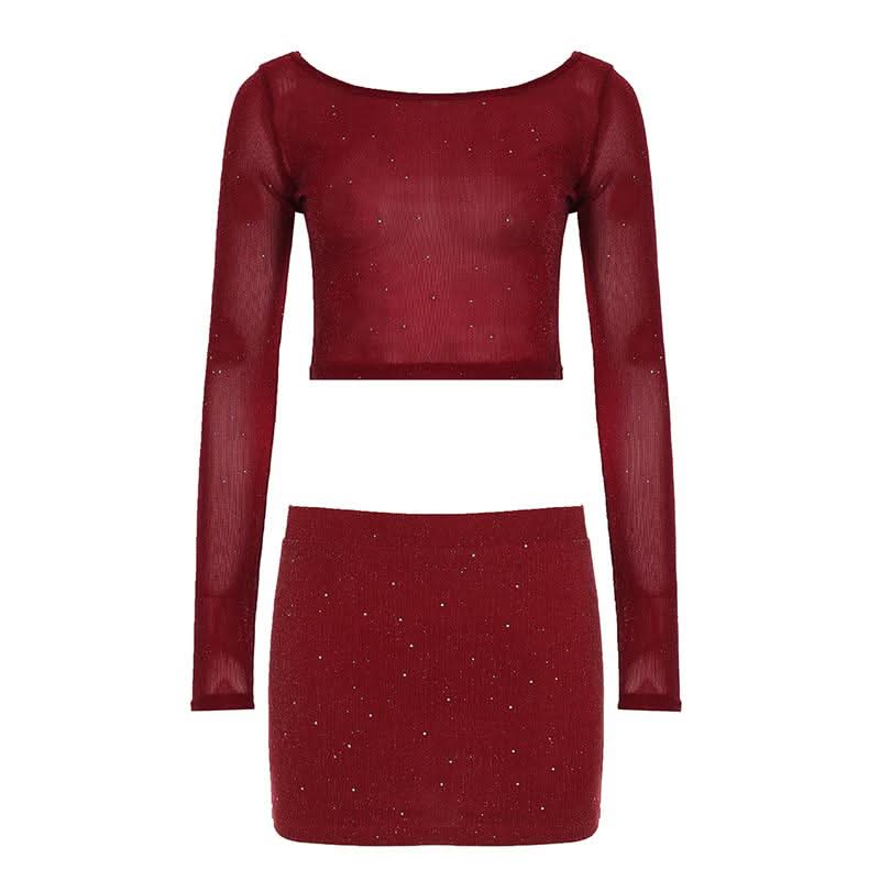 Dazzling Burgundy Sparkle Crop Top & Mini Skirt Set - Your Fall & Holiday Glam Go-To