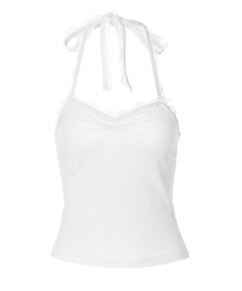 Sky Blue Ribbed Halter Top | Sweet Lace Trim & Adjustable Tie-Neck for Women