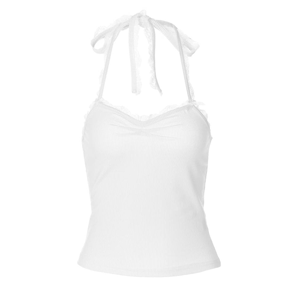 Sky Blue Ribbed Halter Top | Sweet Lace Trim & Adjustable Tie-Neck for Women