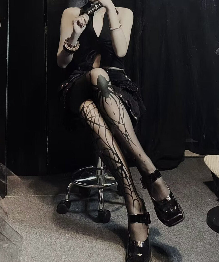 Killer Halloween Spider Web & Black Widow Sheer Tights | Edgy Spooky Season Essential
