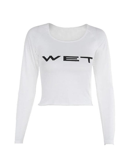 Women's "WET" Graphic Long Sleeve Crop Top - Trendy Fall Statement Piece