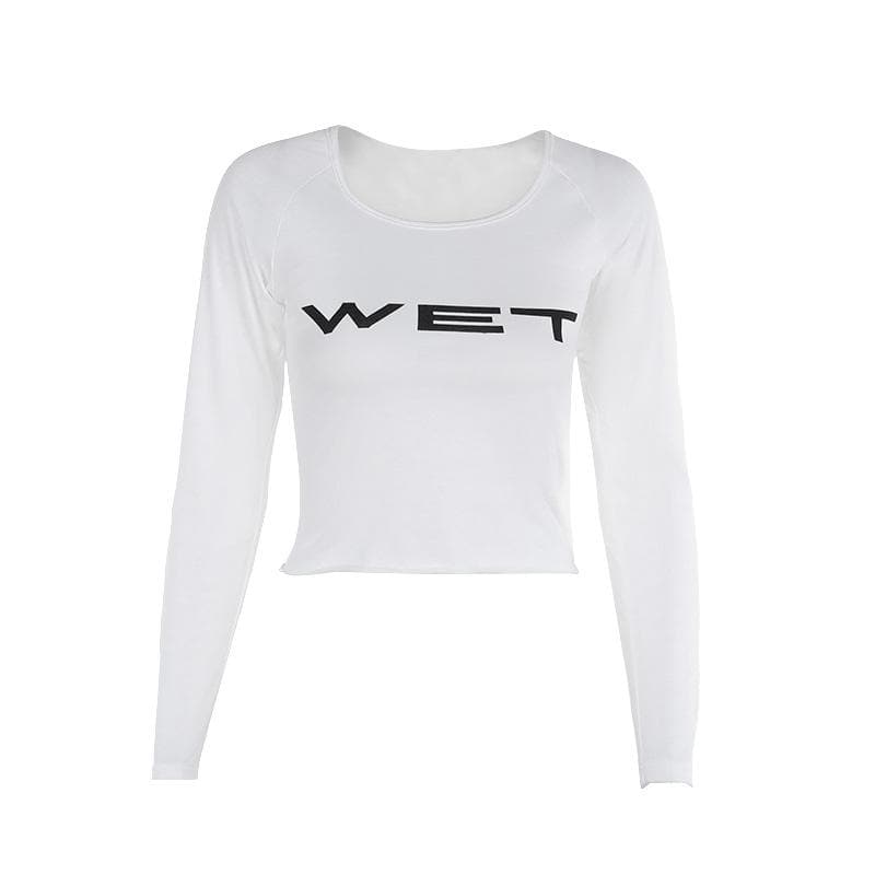 Women's "WET" Graphic Long Sleeve Crop Top - Trendy Fall Statement Piece