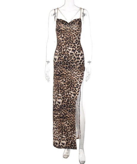 Unleash Your Inner Wild: Daring Leopard Print Cowl Neck Maxi Dress with Gold Chain Straps & High Slit - Fall & Holiday Glam