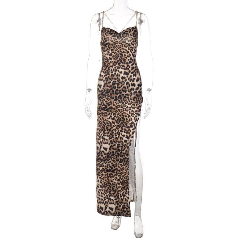 Unleash Your Inner Wild: Daring Leopard Print Cowl Neck Maxi Dress with Gold Chain Straps & High Slit - Fall & Holiday Glam