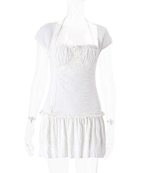 Dreamy White Ruched Mini Dress | Halter Neck Textured Resort & Vacation Essential