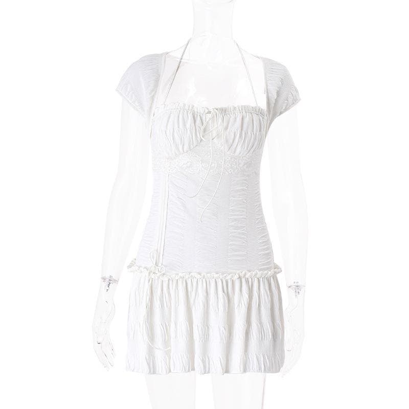 Dreamy White Ruched Mini Dress | Halter Neck Textured Resort & Vacation Essential